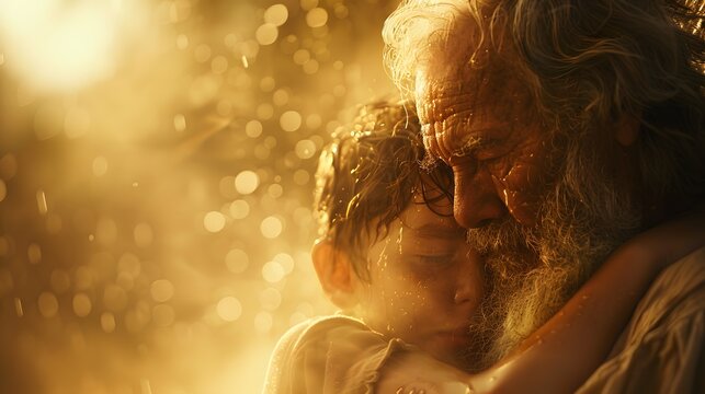 A close-up shot of Abraham holding Isaac tightly, both faces filled with tears of gratitude and love, illuminated by a divine light from above. The background is a blurred landscape of Moriah,