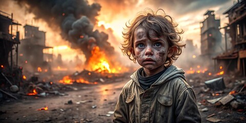 Obraz premium Powerful War-Torn Child Imagery Emotional Portraits in Disaster Scenes