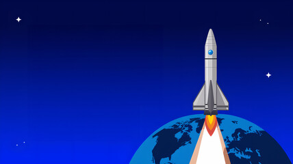 horizontal banner, rocket in space on the dark blue background with copy space. For World Space Week, back to school, social media, youtube, linkedin, banner, design