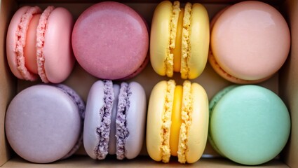 Obraz premium Vibrant assorted macarons in pink purple yellow and green with smooth shells