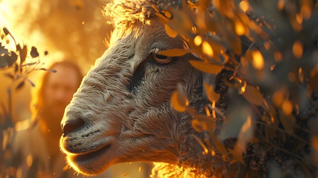 A close-up shot of the ram&rsquo;s face, its eyes reflecting the soft glow of the sunlight, with branches and leaves partially covering its fur. In the background, Abraham and Isaac are visible,