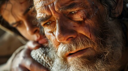 A close-up view of Abraham&rsquo;s face as he binds Isaac&rsquo;s hands, tears rolling down his cheeks. Isaac&rsquo;s face is seen in the background, calm and serene. The soft morning light creates a gentle glow,