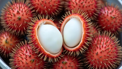 Fresh ripe rambutan fruits with red hairy shells some peeled to show white flesh