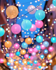 Colorful lanterns and string lights adorn a picturesque alley, creating a vibrant evening atmosphere under a clear blue sky.