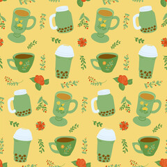 WSeamless pattern with various green cups and bubble tea jars accomplished with floral elements on warm yellow background, creating cozy and refreshing design. Vector illustration in flat style