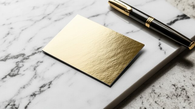 A stylish business card mockup featuring gold detailing rests on luxurious marble with a sleek pen