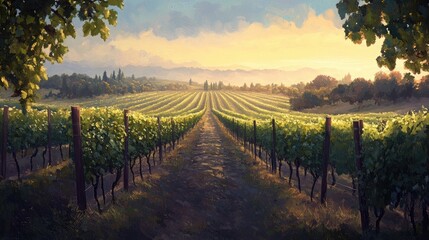 Naklejka premium Peaceful vineyard at dawn with rows of grapevines stretching into the distance, bathed in soft morning light and mist rising from the fields