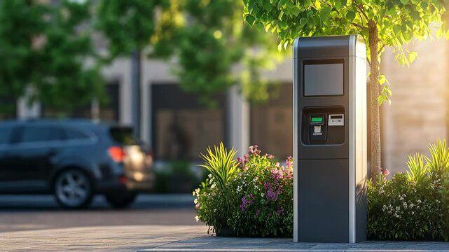 A parking meter stands on a city street, with a car driving by in the background