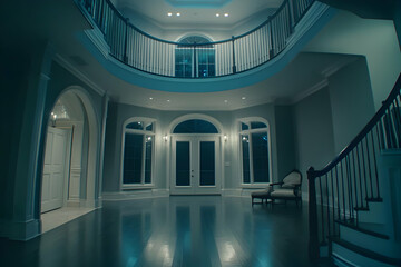 Obraz premium Neigbourhood Real Estate - A spacious, elegantly designed foyer with a grand staircase and large windows.