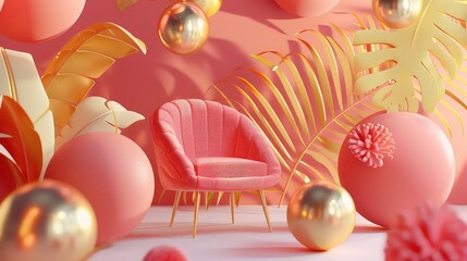 Pink chair with gold legs in a room with pink and gold sphere decorations.