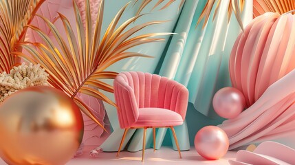 Pink chair with golden legs in a pastel colored room.