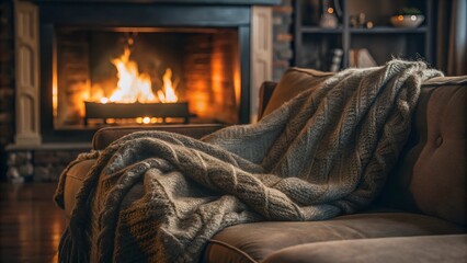 Fototapeta premium Warm blanket on couch by glowing fireplace