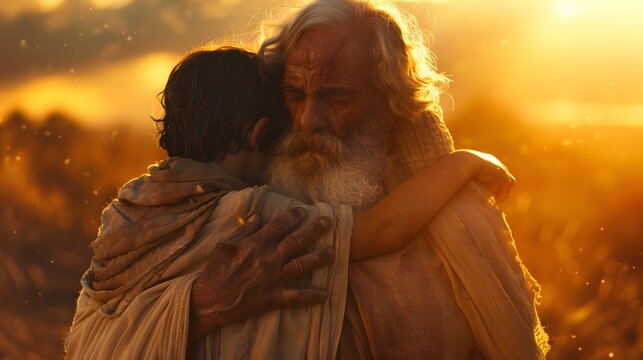 A heartfelt scene of Abraham embracing Isaac tightly, tears of relief and gratitude streaming down his face, as a soft, heavenly glow envelops them both. The barren landscape of Moriah surrounds them,