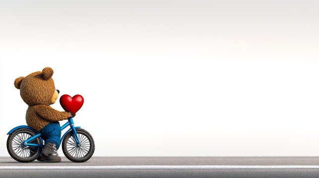 Cute Teddy Bear Riding Bicycle with Red Heart  Valentine s Day Love Concept