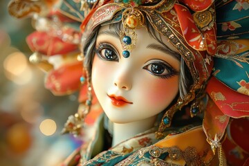 Beautiful asian doll wearing traditional headdress and clothes posing
