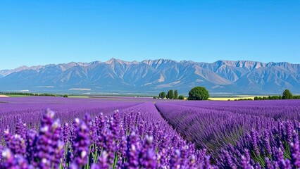 Fototapeta premium Lavender Fields of Serenity: An expansive field of lavender blooms stretches towards a majestic mountain range under a clear blue sky, evoking a sense of tranquility and natural beauty. 