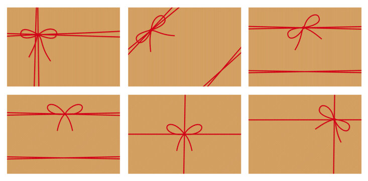 Set of striped kraft paper backgrounds, gift tied up with cotton red rope bakers twine ribbons and bow. Packing string for decoration, present, pastry boxes for New Year, Christmas. Vector EPS10