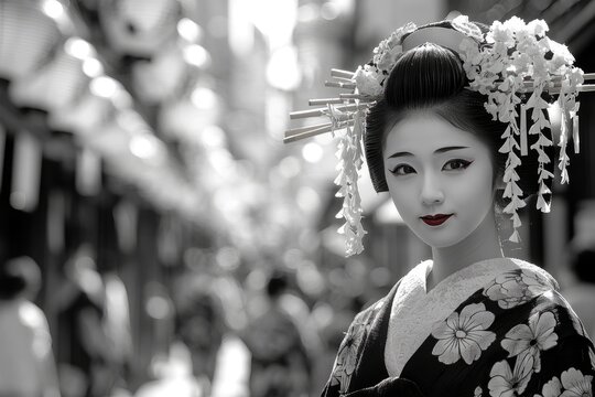 Fototapeta Young geisha wearing traditional kimono standing on busy street in black and white