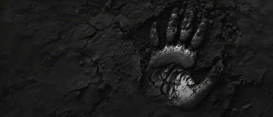 A close-up of a handprint embedded in dark, cracked soil, creating a striking contrast with the textured surface.