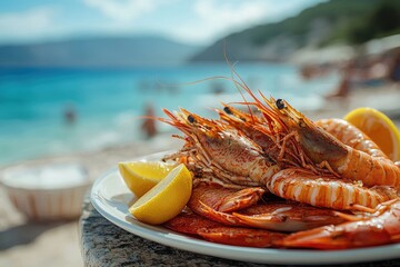 Delicious seafood platter being served in restaurant with ocean view
