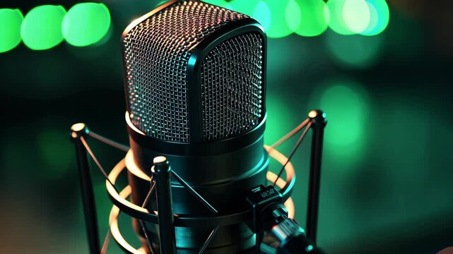 A close-up shot of a microphone in a recording studio, illuminated by green lights