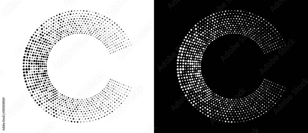Fototapete Modern abstract background. Halftone dots in circle form. Letter C like logo, icon or design element. Black dots on a white background and white dots on the black side.