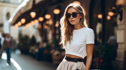 Fototapeta premium Stylish woman in a fashionable outfit standing on a charming city street.