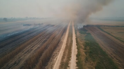 Aerial view of a dirt road through a burned landscape, shrouded in smoke, highlighting environmental destruction and the aftermath of wildfires.