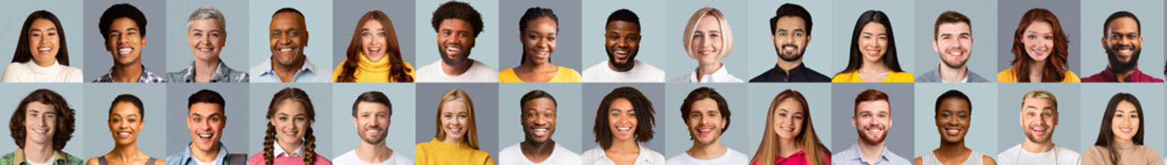 Portraits Collage Of Multiracial Young And Mature People Smiling Over Gray Studio Backgrounds....