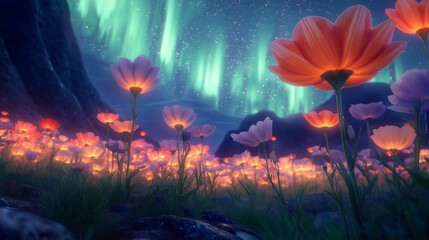 Obraz premium A field of glowing, colorful flowers under a surreal aurora-filled sky, symbolizing the beauty of creative imagination.