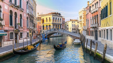 Obraz premium A scenic Venice canal view with colorful buildings, gondolas gliding through the water, and a historic bridge in the distance
