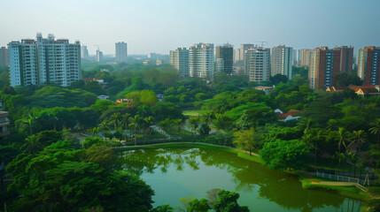 Obraz premium A serene cityscape with lush greenery, tall residential buildings, and a reflecting pond during a clear day