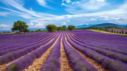 Obraz premium A scenic view of a lavender field in Provence with rolling hills and a clear blue sky, picturesque setting with vibrant purple tones, Countryside style