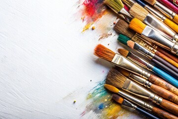 Obraz premium paints and brushes, on a white background, top view