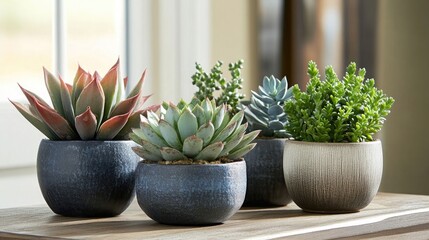 Assorted succulents in decorative pots on a table, perfect for adding natural beauty to any space