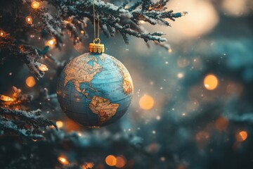 Christmas ornament designed as a world map hanging on a snowy pine tree, symbolizing New Year travel