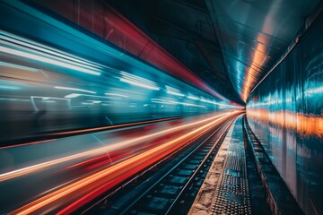 Subway train creating motion blur while speeding through an empty tunnel