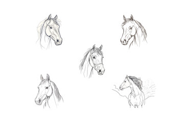 Elegant Pencil Illustrations of Horse Heads on White Background
