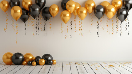 Naklejka premium Black and gold balloons with curly ribbons in a minimalist celebration scene on a white wooden floor