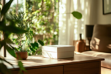 Minimalist Living Room with Gift Box and Plants

