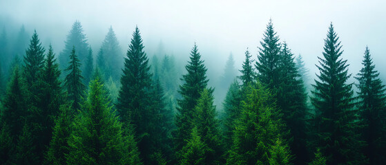 Fototapeta premium Lush evergreen trees in a misty forest, creating a serene and tranquil atmosphere with layers of green and soft fog.