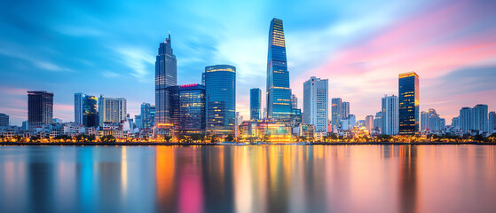Fototapeta premium Stunning skyline featuring modern skyscrapers reflecting on water during a colorful sunset.
