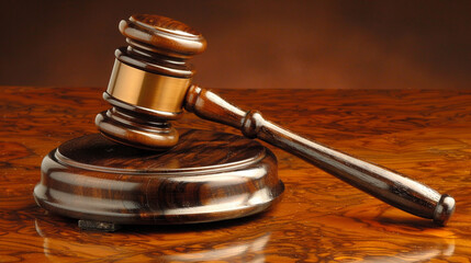 A close-up of a polished gavel resting on a wooden podium, symbolizing legal precedency and authority.