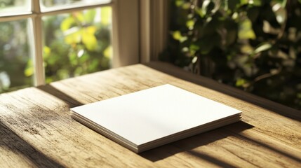 Fototapeta premium A simple stationery mockup rests on a wooden table illuminated by warm natural light