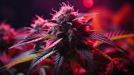 Close-up of cannabis plant in pink and purple lighting with detailed buds and leaves