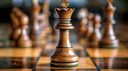 A close shot of a chess king piece standing in front of the other pieces, representing strategic precedency.