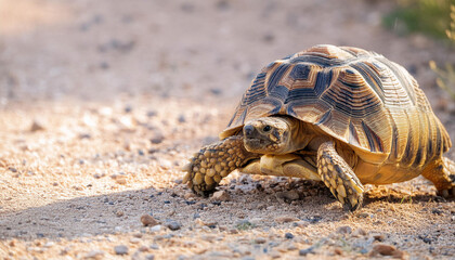 Leopard Tortoise Walking on a Sandy Path in the Afternoon Sun and Copy Space