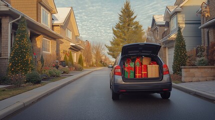 Obraz premium An open car trunk filled with wrapped Christmas presents, parked in front of a cozy house in welcoming suburban neighbourhood, decorated new year sunny street. holiday gift-giving winter celebration