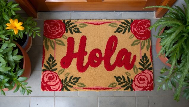 Cheerful Hola doormat with vibrant potted plants on each side