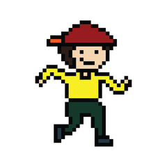 Obraz premium Cute pixel cartoon 8bit character man run or running jog cardio lifestyle for decoration life style 8 bit male boy jog marathon exercise png vector.